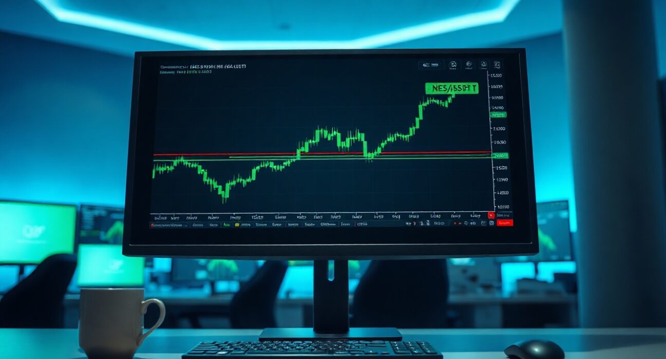 Digital trading interface showing NES/USDT pair on a monitor in a professional office setting.