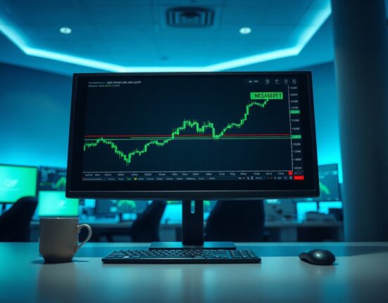 Digital trading interface showing NES/USDT pair on a monitor in a professional office setting.