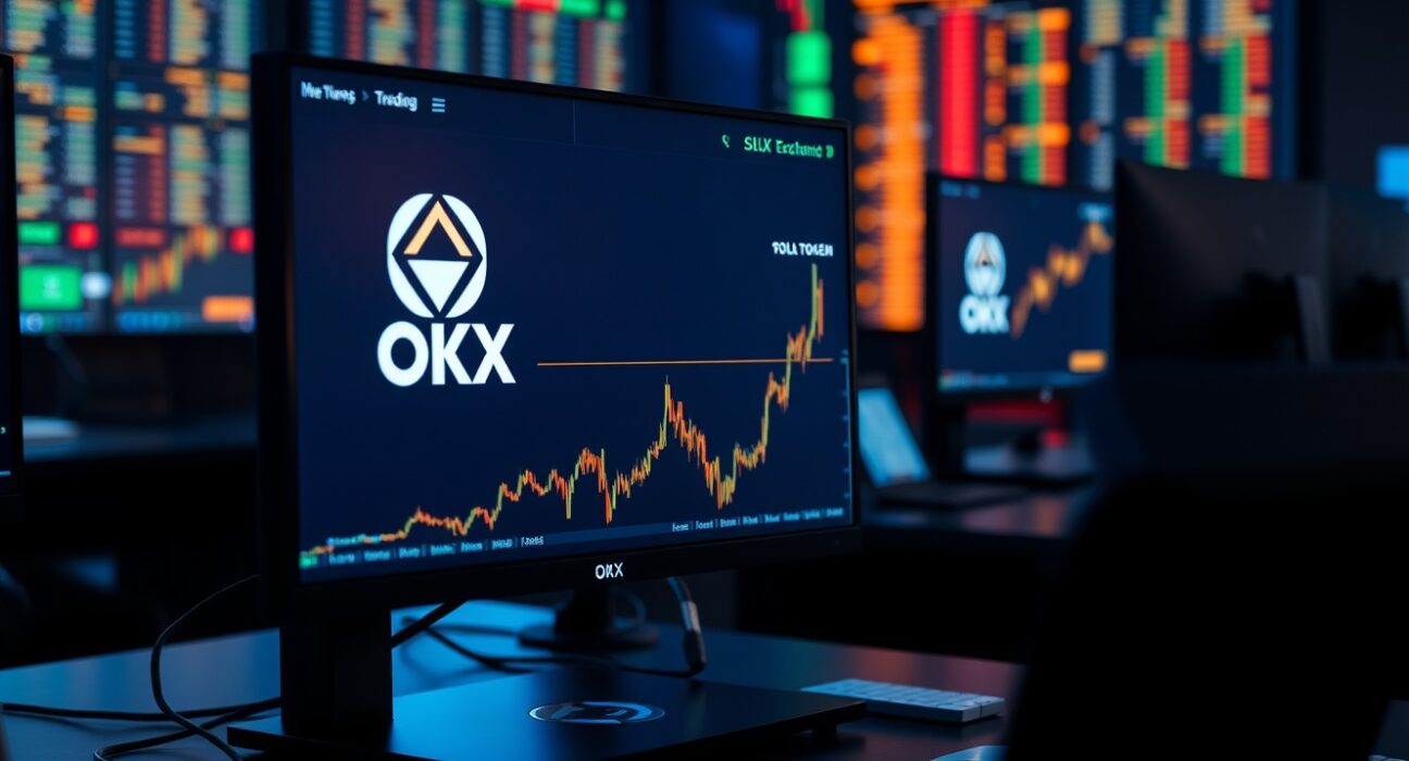 Cryptocurrency trading monitors showing OKX exchange interface and SLX token chart