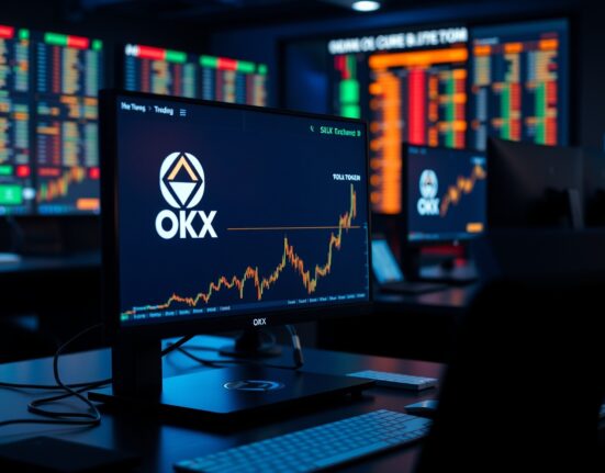 Cryptocurrency trading monitors showing OKX exchange interface and SLX token chart
