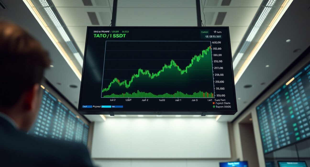 Cryptocurrency trading interface on a screen showing TAO/USDT pair with an upward chart trend in a professional newsroom setting.
