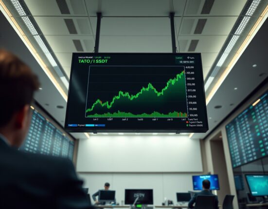 Cryptocurrency trading interface on a screen showing TAO/USDT pair with an upward chart trend in a professional newsroom setting.