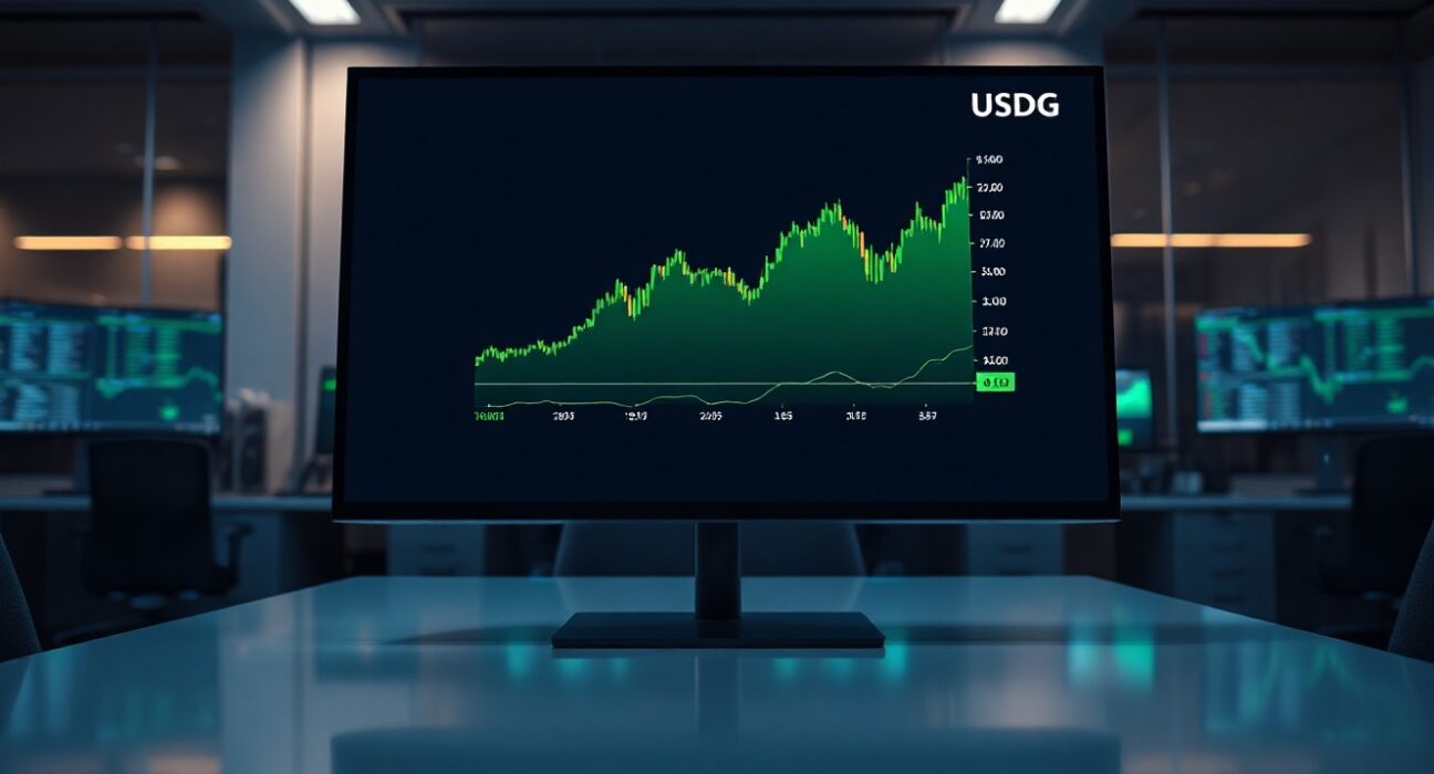 Cryptocurrency trading interface showing USDG pair on a monitor in a professional office setting