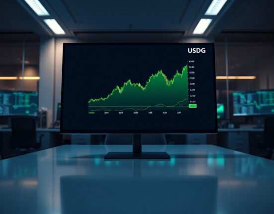 Cryptocurrency trading interface showing USDG pair on a monitor in a professional office setting