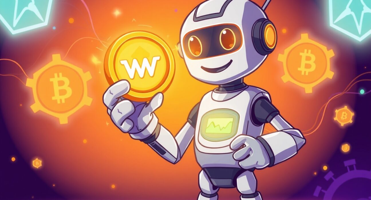 Cartoon illustration of OKX listing the WET token for spot trading on its digital exchange platform.