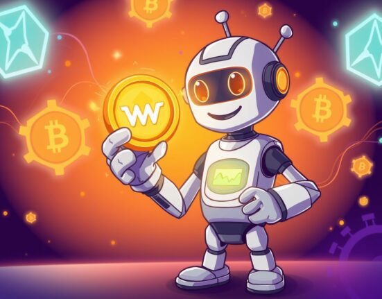 Cartoon illustration of OKX listing the WET token for spot trading on its digital exchange platform.