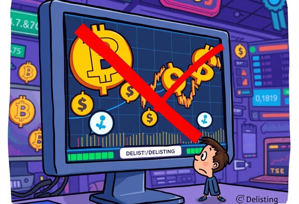 A cartoon illustration showing crypto trading pairs being removed from a screen, symbolizing the OKX margin trading delisting and its impact on traders.