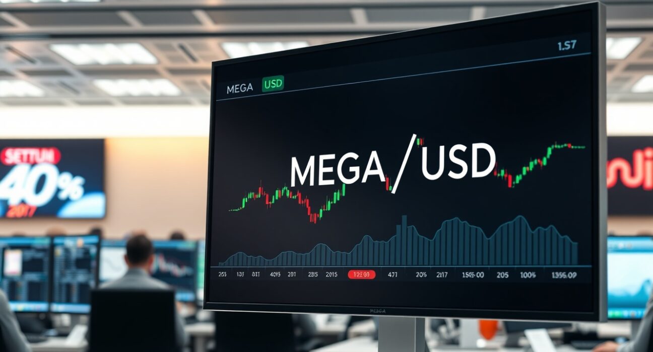 OKX MEGA/USD spot trading pair displayed on a digital screen in a professional trading environment