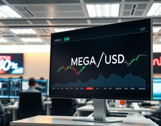 OKX MEGA/USD spot trading pair displayed on a digital screen in a professional trading environment