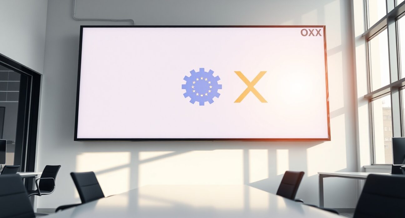OKX cryptocurrency exchange office with digital screens displaying EU and OKX branding, representing regulatory expansion into Europe.