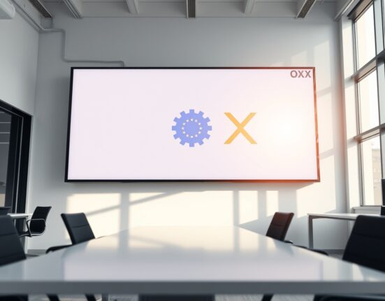 OKX cryptocurrency exchange office with digital screens displaying EU and OKX branding, representing regulatory expansion into Europe.