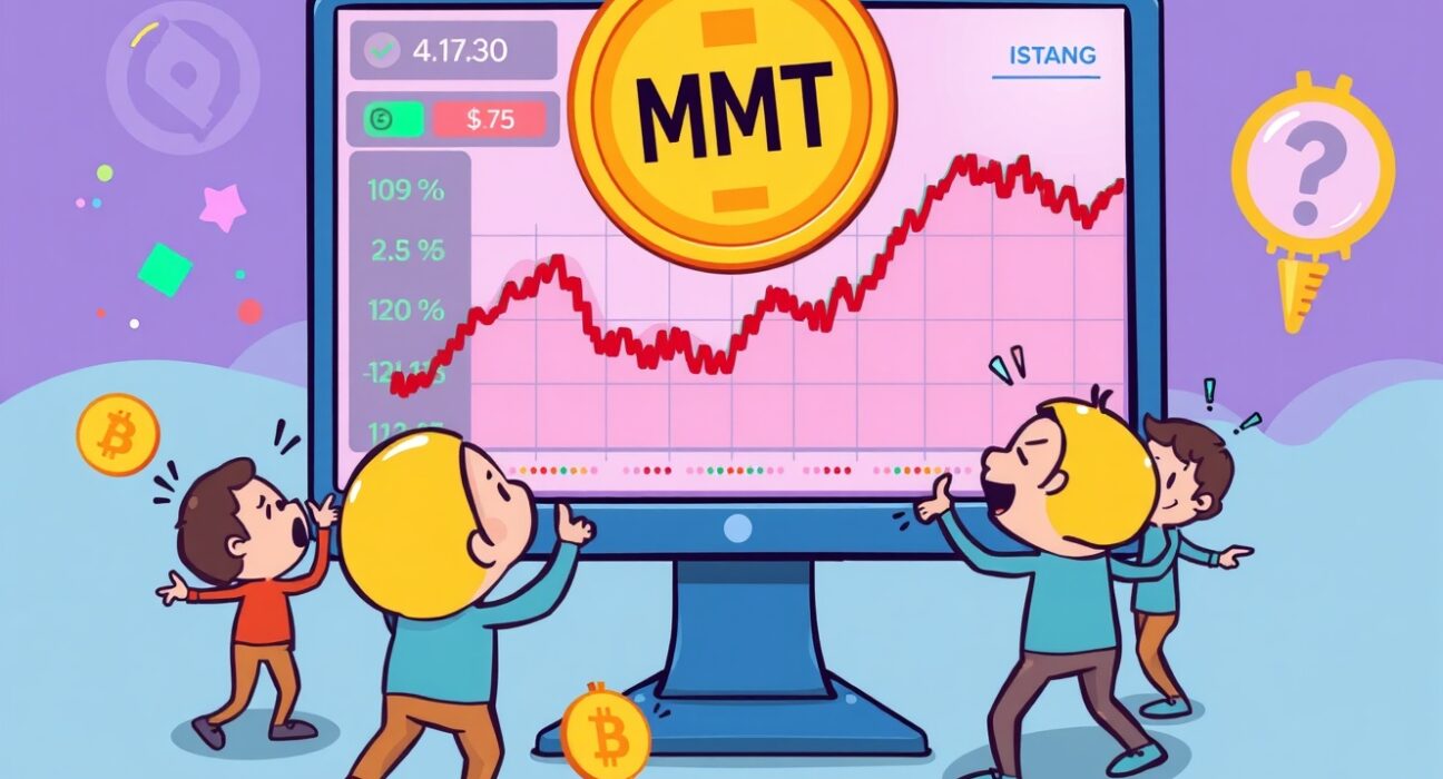 Cartoon illustration of a digital trading screen showing the exciting OKX MMT listing, with small figures celebrating a new cryptocurrency launch.