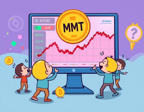 Cartoon illustration of a digital trading screen showing the exciting OKX MMT listing, with small figures celebrating a new cryptocurrency launch.