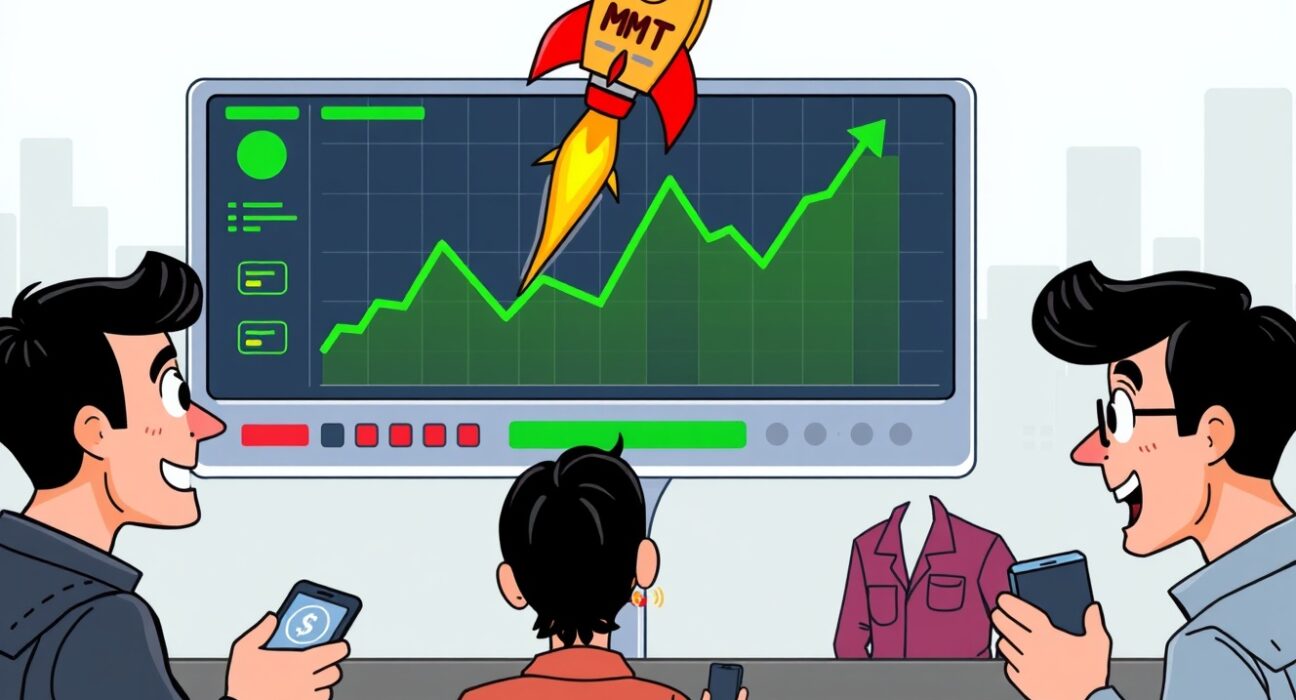 Cartoon illustration of traders excited about the launch of MMT perpetual futures on a crypto exchange.