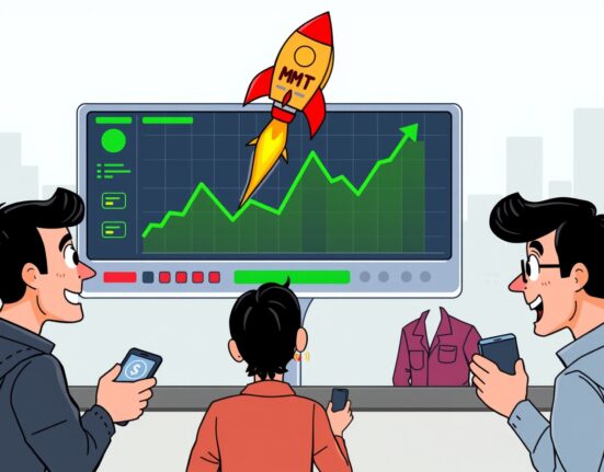 Cartoon illustration of traders excited about the launch of MMT perpetual futures on a crypto exchange.