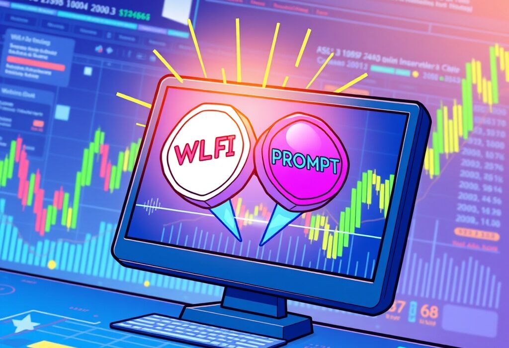 A cartoon illustration of a digital exchange interface highlighting the OKX new listings for WLFI and PROMPT spot trading pairs.