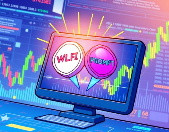 A cartoon illustration of a digital exchange interface highlighting the OKX new listings for WLFI and PROMPT spot trading pairs.