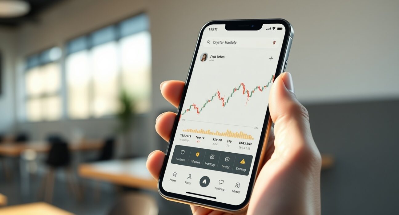 Smartphone displaying OKX's new Orbit social trading features with market charts and community interface