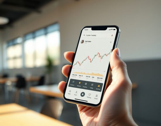 Smartphone displaying OKX's new Orbit social trading features with market charts and community