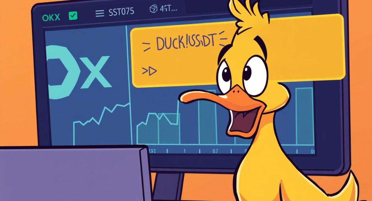 Cartoon illustration showing the OKX perpetual futures delisting of DUCK/USDT, impacting a surprised duck character on a trading screen.