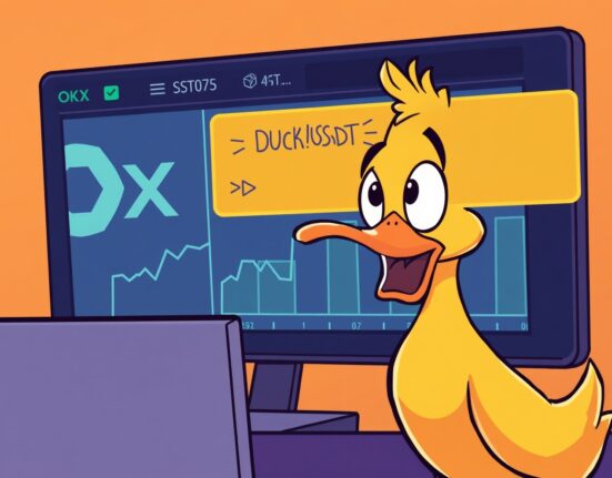Cartoon illustration showing the OKX perpetual futures delisting of DUCK/USDT, impacting a surprised duck character on a trading screen.