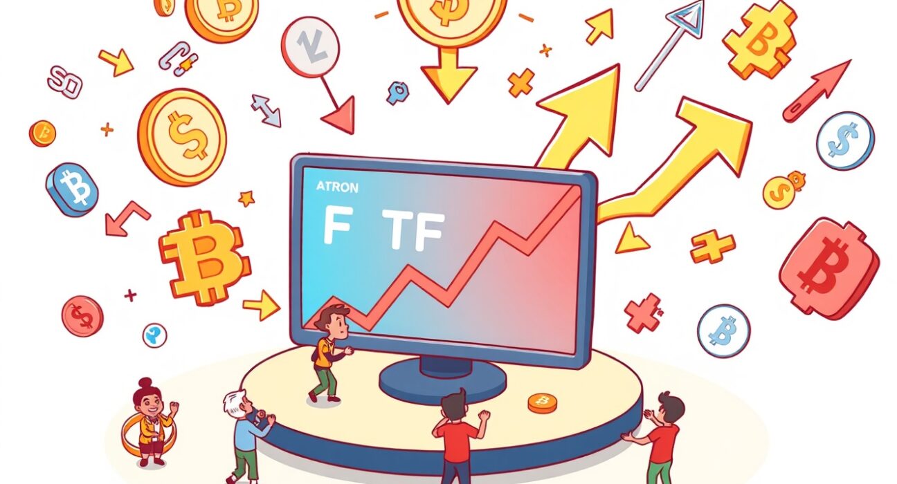 Cartoon illustration showing the dynamic nature of trading OKX perpetual futures with various digital assets.