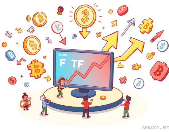 Cartoon illustration showing the dynamic nature of trading OKX perpetual futures with various digital assets.