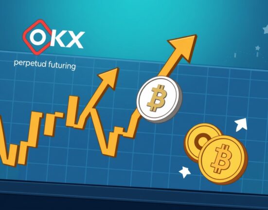 A cartoon depiction of a trader excitedly monitoring a screen showing OKX perpetual futures charts for ENSO and OL, highlighting new trading opportunities.