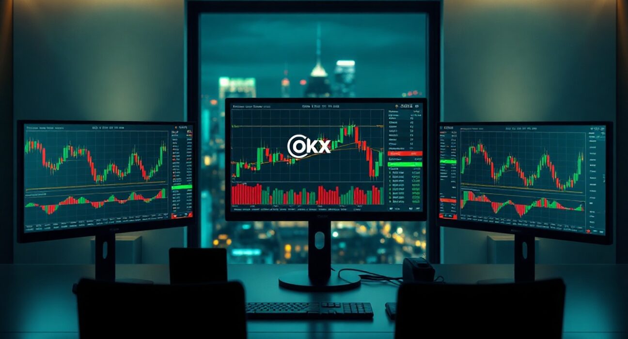 Professional trading setup with multiple monitors showing stock and crypto charts, representing OKX's new perpetual futures offerings.