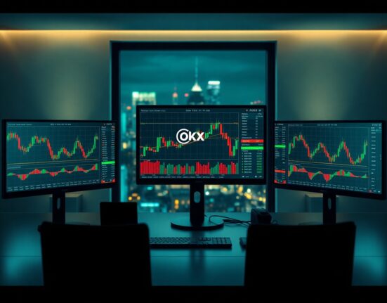 Professional trading setup with multiple monitors showing stock and crypto charts, representing OKX's new perpetual futures offerings.