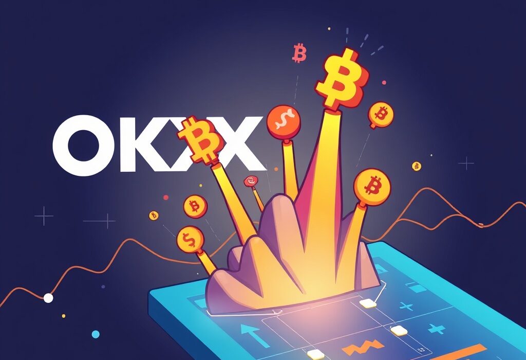 An exciting cartoon illustration of OKX perpetual futures trading, showing digital assets in motion on a vibrant platform.