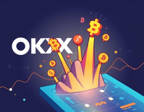 An exciting cartoon illustration of OKX perpetual futures trading, showing digital assets in motion on a vibrant platform.
