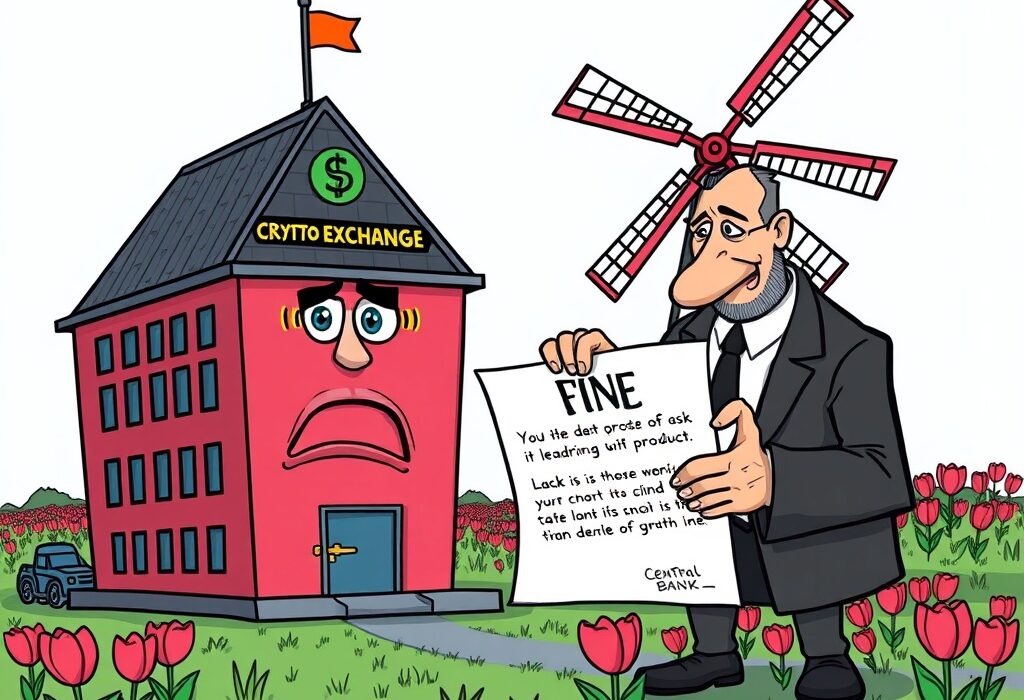 Cartoon showing OKX facing a significant fine from Dutch regulators for failing proper OKX registration.