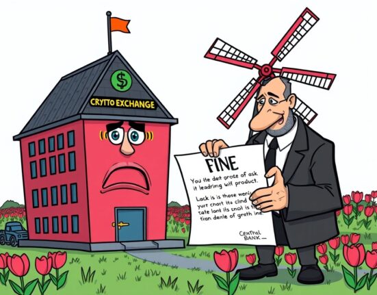 Cartoon showing OKX facing a significant fine from Dutch regulators for failing proper OKX registration.
