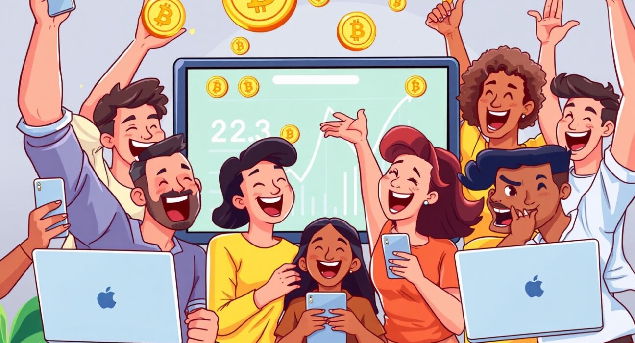 Cartoon illustration of new users happily receiving crypto rewards from an exchange, symbolizing the exciting OKX rewards campaign.