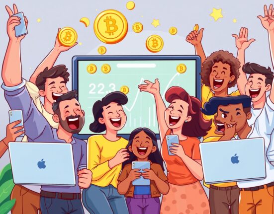 Cartoon illustration of new users happily receiving crypto rewards from an exchange, symbolizing the exciting OKX rewards campaign.