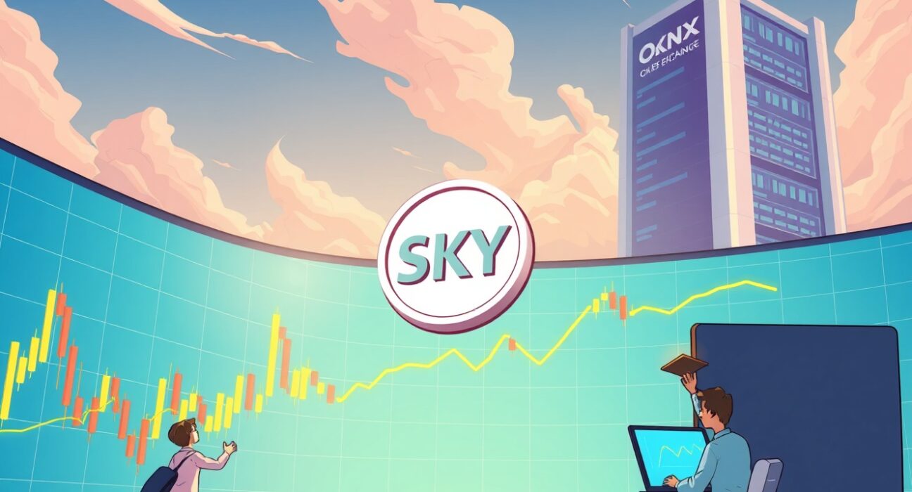 Cartoon illustration showing traders engaging with a digital platform, representing the launch of OKX's SKY perpetual futures with high leverage.
