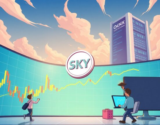 Cartoon illustration showing traders engaging with a digital platform, representing the launch of OKX's SKY perpetual futures with high leverage.