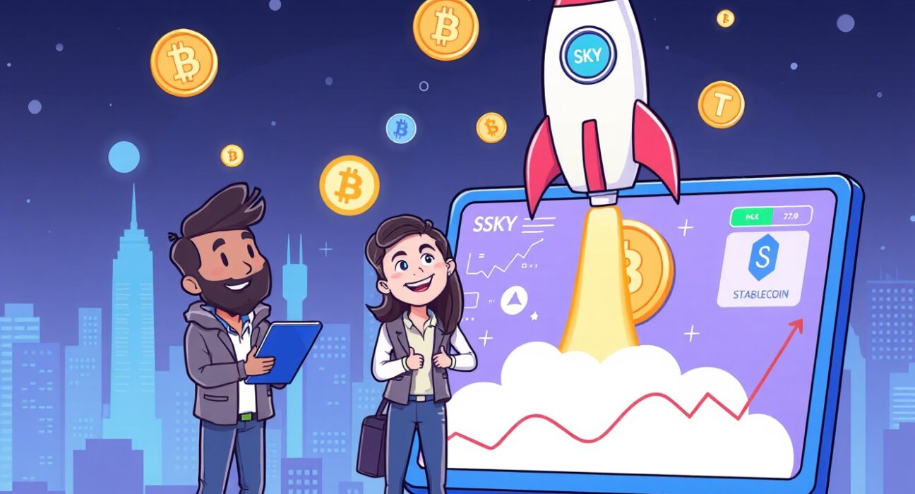 Cartoon illustration of traders watching the exciting OKX SKY/USDC listing, symbolizing new opportunities in crypto trading.