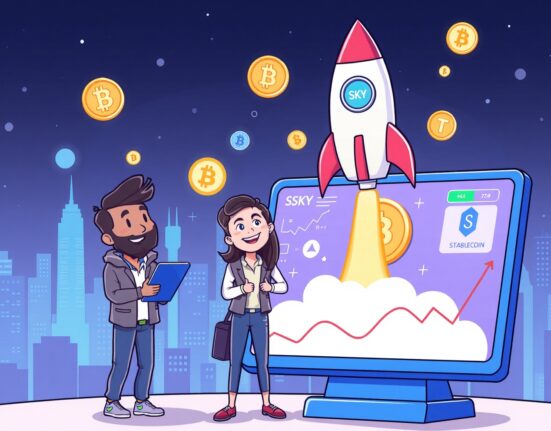 Cartoon illustration of traders watching the exciting OKX SKY/USDC listing, symbolizing new opportunities in crypto trading.