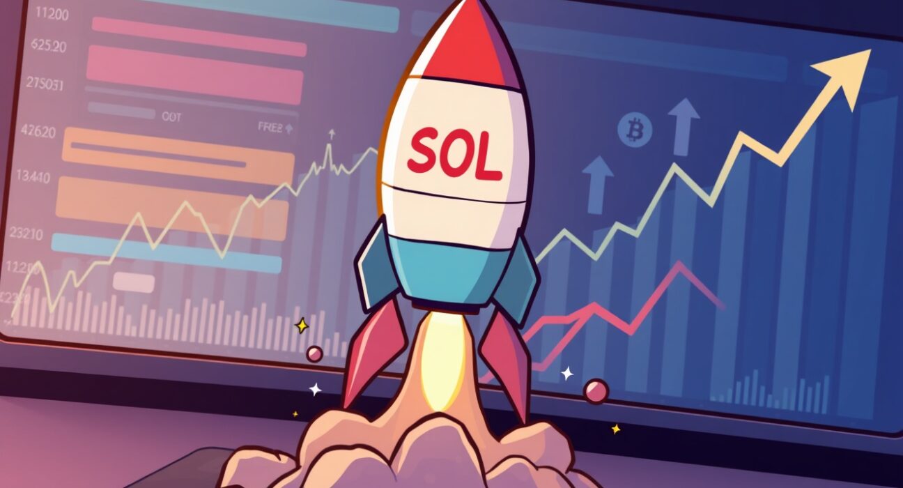 A cartoon illustration showing a digital trading screen with SOL perpetual futures charts, symbolizing new market opportunities on OKX.