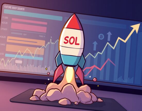 A cartoon illustration showing a digital trading screen with SOL perpetual futures charts, symbolizing new market opportunities on OKX.