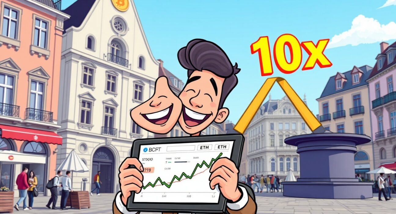 A trader using OKX spot margin trading for Bitcoin and Ethereum in a vibrant European setting.