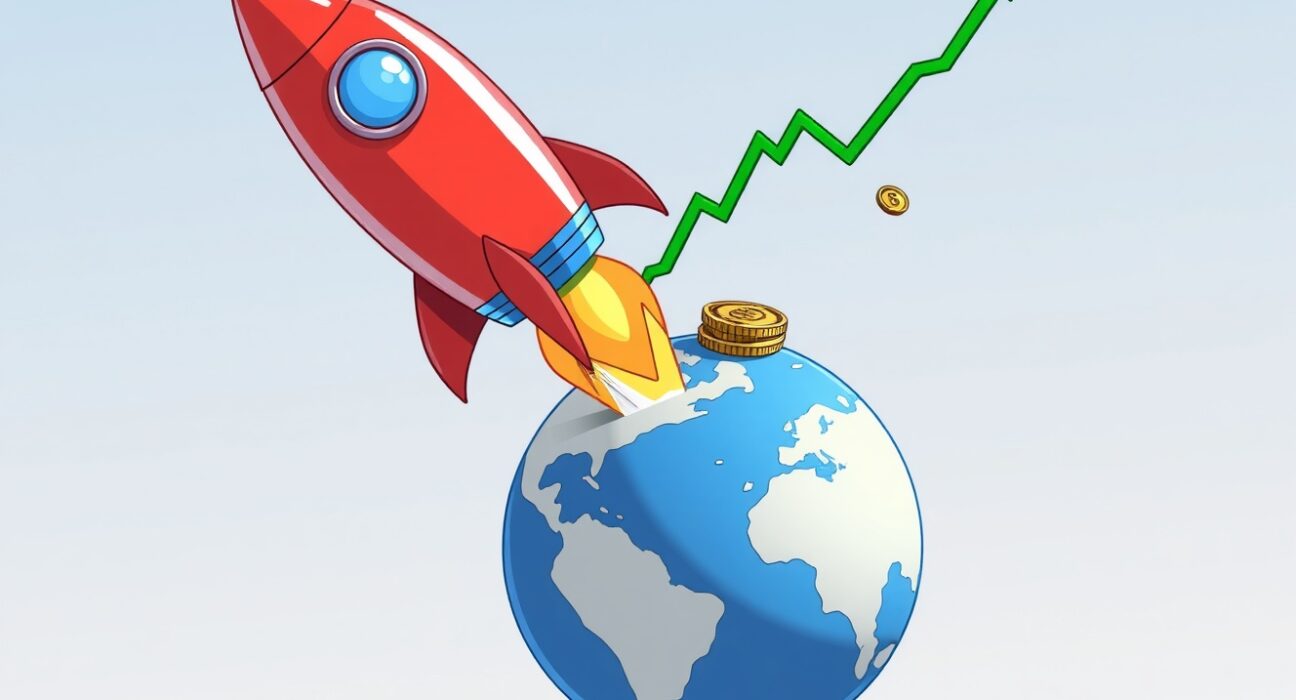 A cartoon rocket symbolizing the stunning surge in OKX trading volume launching from a globe.