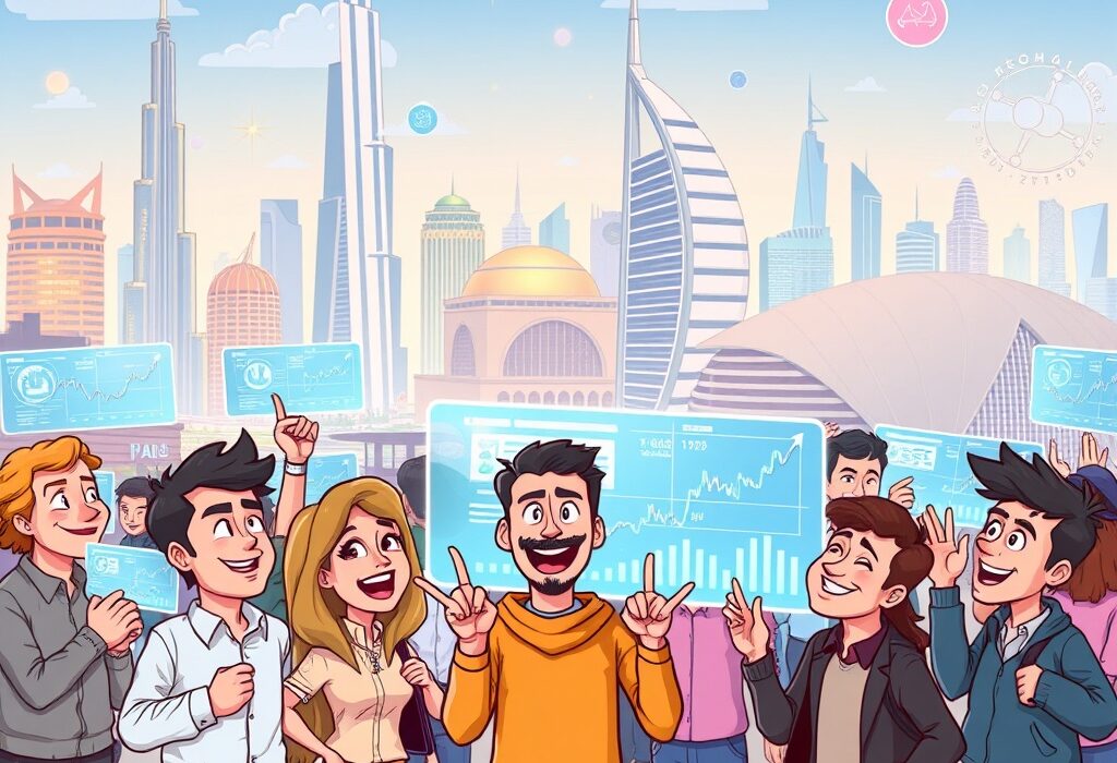A cartoon illustration showing the excitement around OKX's launch of regulated crypto derivatives in UAE for retail investors.