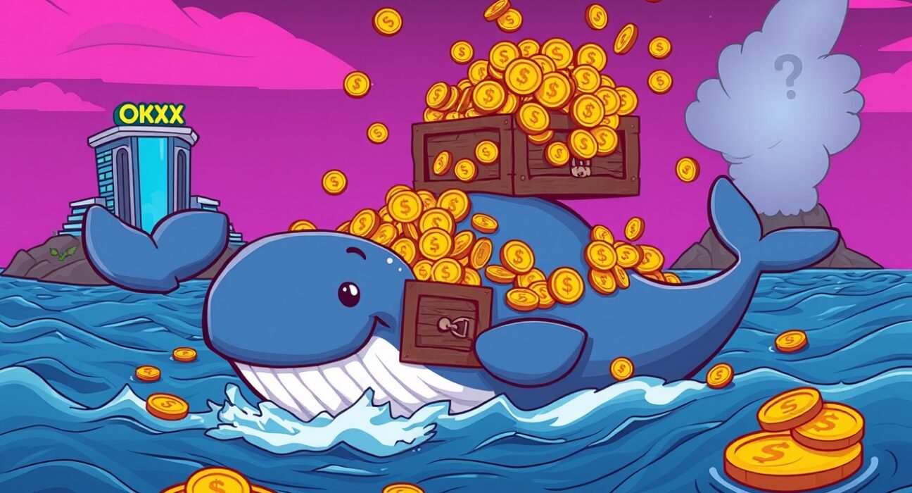 A cartoon whale carrying a treasure chest in a digital ocean, illustrating a massive USDT transfer between crypto exchanges.
