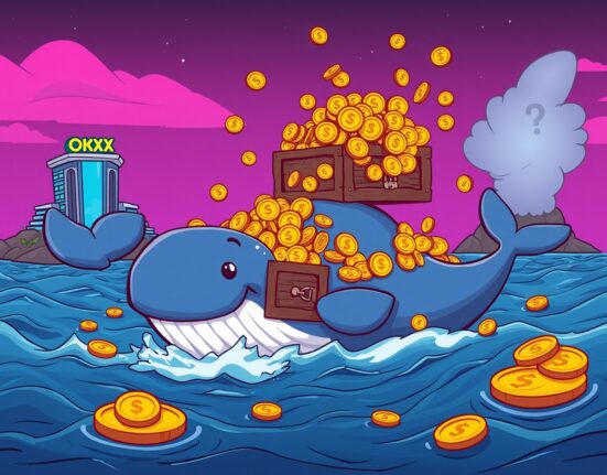 A cartoon whale carrying a treasure chest in a digital ocean, illustrating a massive USDT transfer between crypto exchanges.