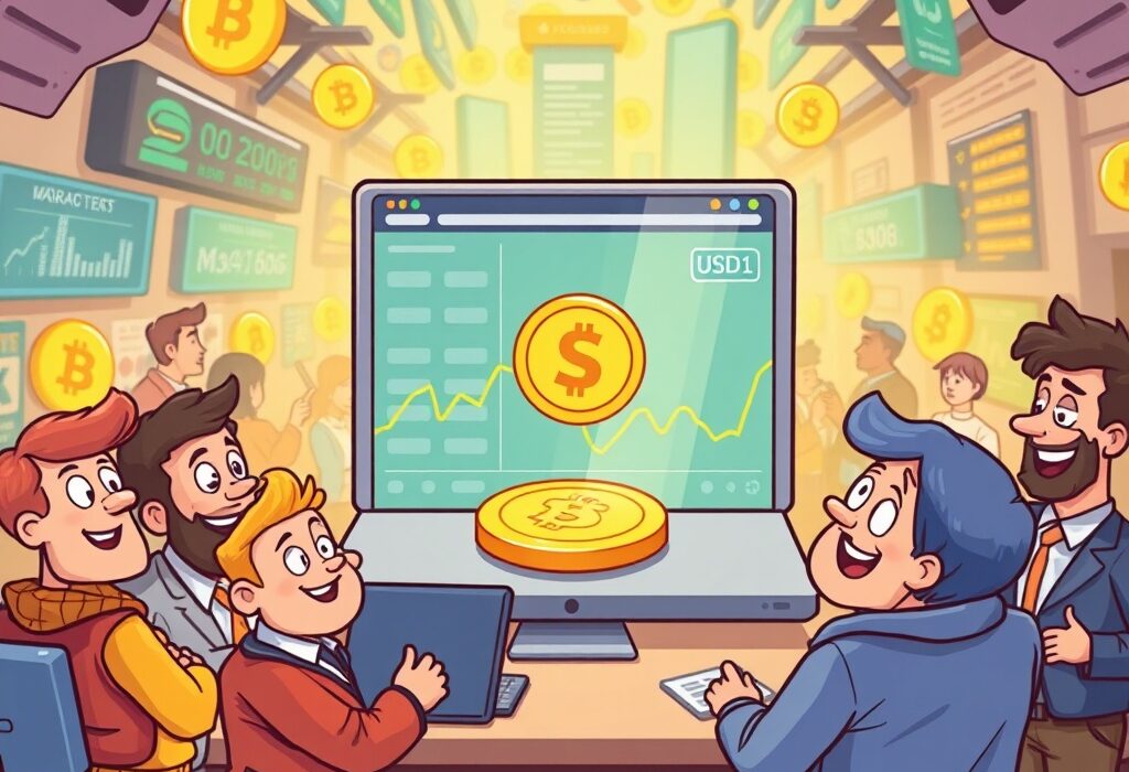 Cartoon illustration showing the significant OKX USD1 listing on a vibrant crypto exchange platform, symbolizing new trading opportunities.