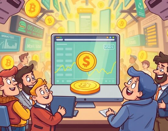 Cartoon illustration showing the significant OKX USD1 listing on a vibrant crypto exchange platform, symbolizing new trading opportunities.