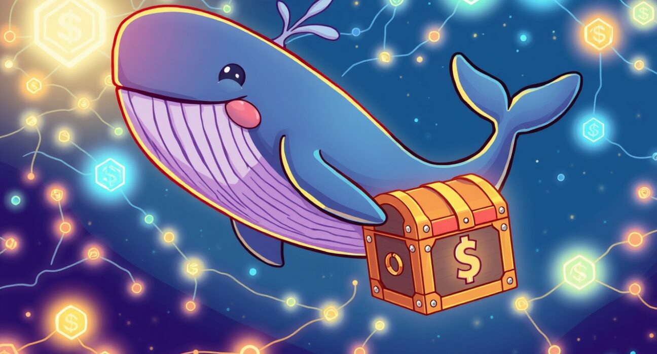 A cartoon whale executing a massive USDT transfer through a vibrant blockchain network.